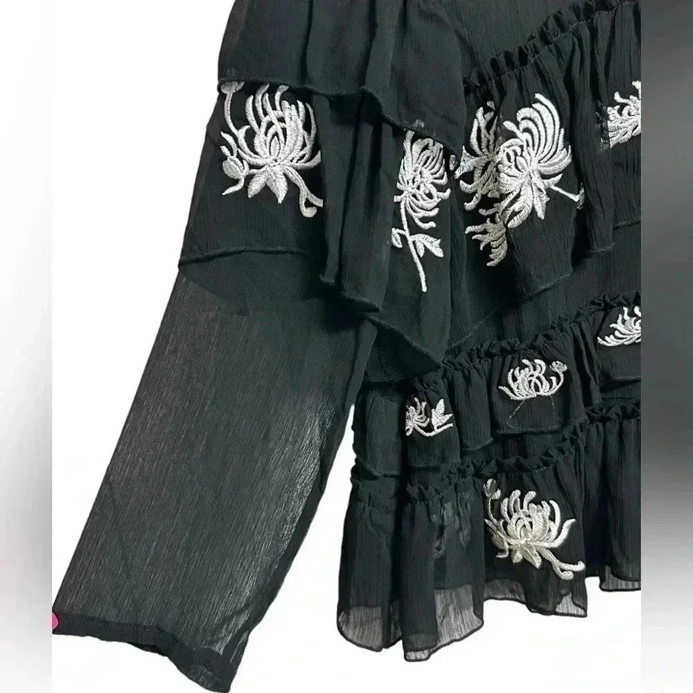 Zara RARE Embroidered Floral Black Tiered Blouse Too Size XS NWT - Picture 6 of 14